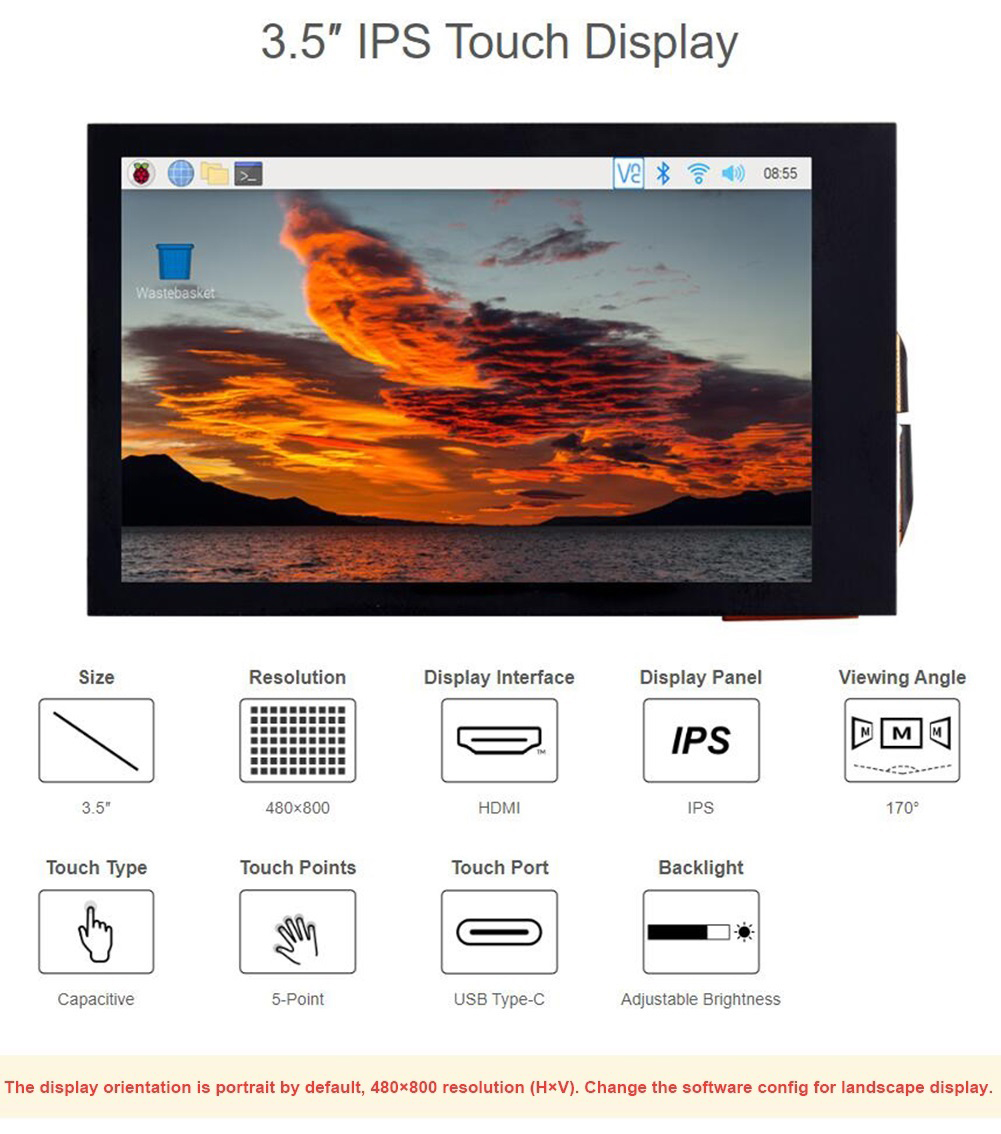 Pi Display - 3.5인치 IPS 정전식 터치 LCD 디스플레이,